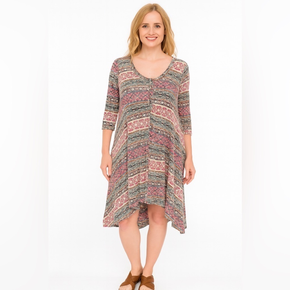Feathers Pink Gray Sundress Asymmetrical Cuffed Sleeves